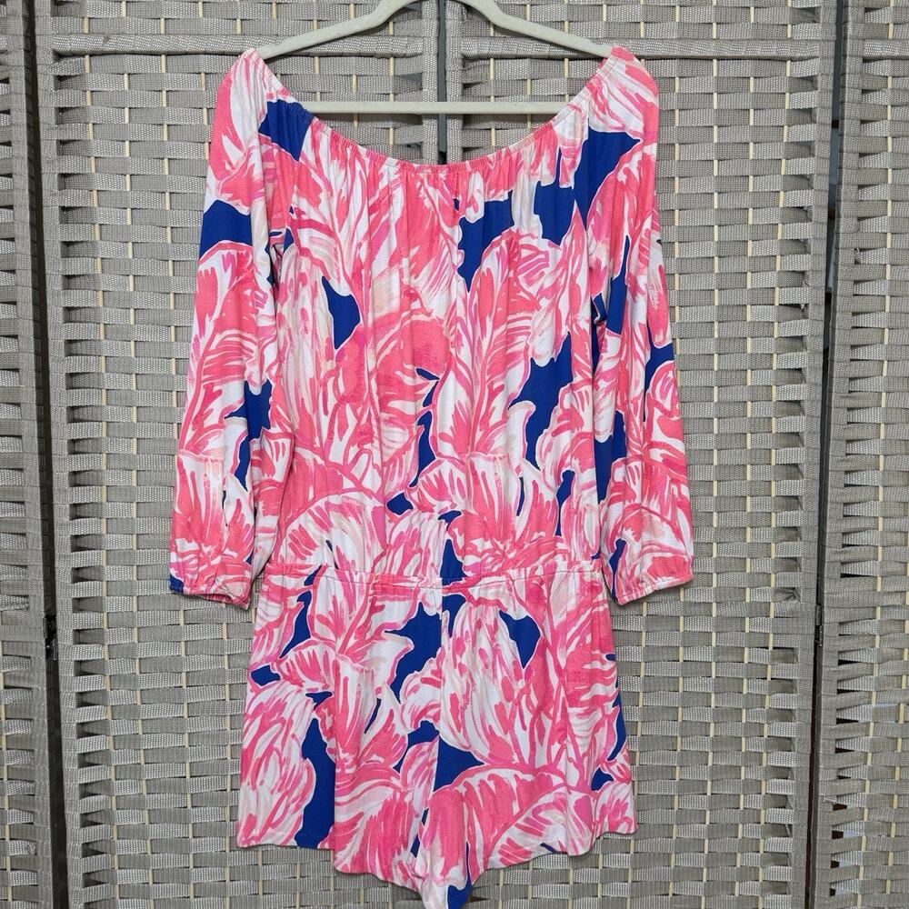 Lilly Pulitzer LANA Romper Size M TIKI PINK BEACH BLISS On/off Shoulder Shorts - Picture 2 of 9